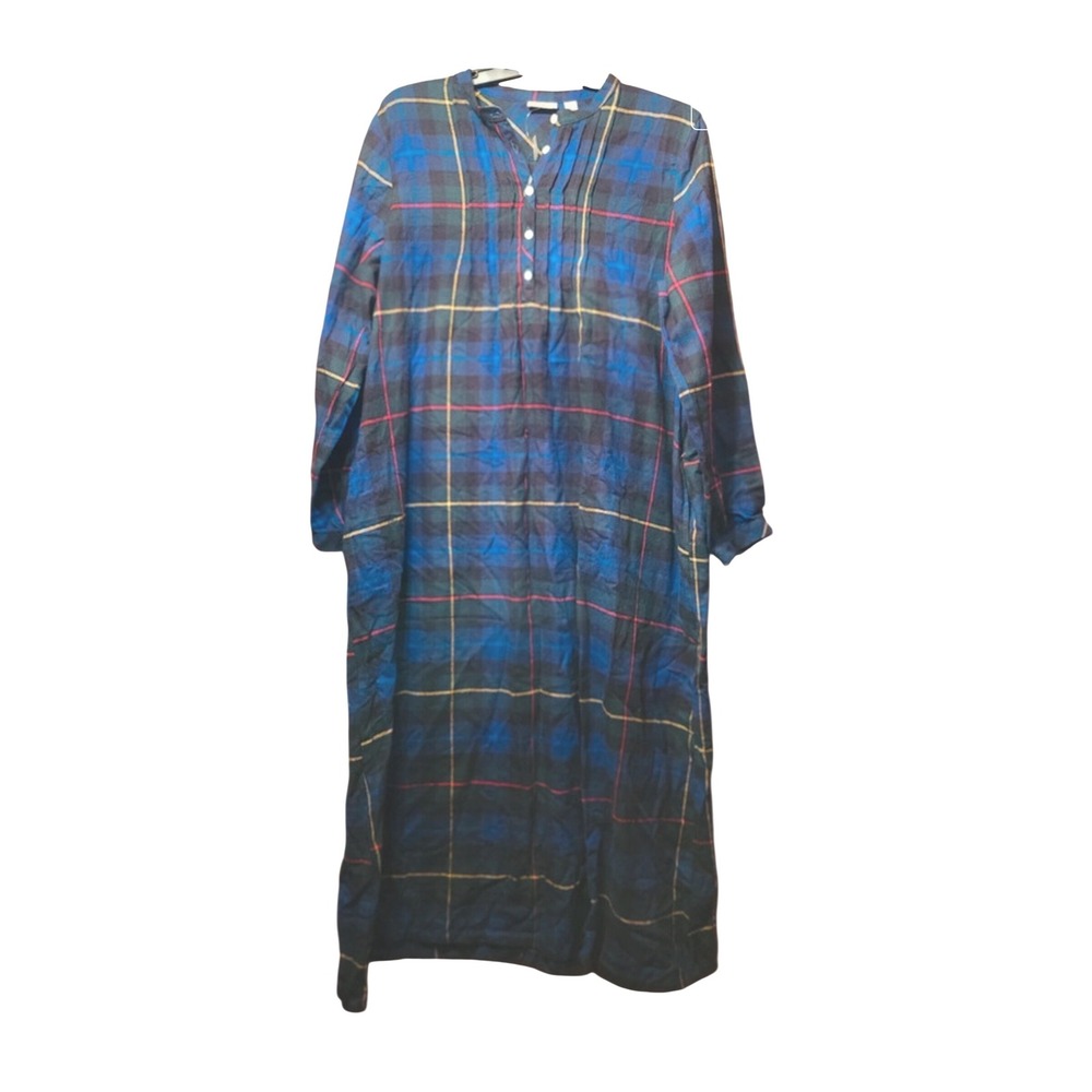 L.L.Bean Nightgown Womens XL Blue Scotch Plaid Cotton Flannel Long Sleepwear New